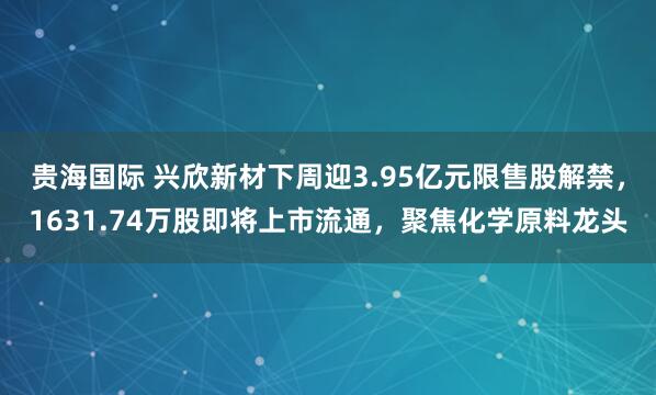 贵海国际 兴欣新材下周迎3.95亿元限售股解禁，1631.74万股即将上市流通，聚焦化学原料龙头